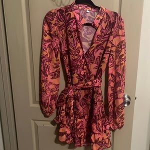SHEIN printed red pink and tan knee length dress size LG BUT more like a 7/8.